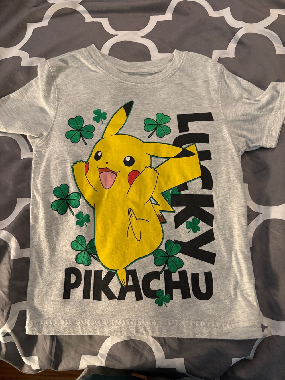 Hybrid Apparel Yellow Pikachu Graphic Tee with Green Clovers